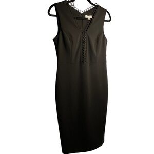 Calvin Klein BLACK SCUBA Sleeveless V Neck Sheath Lined Dress SZ 8 Zip Classy